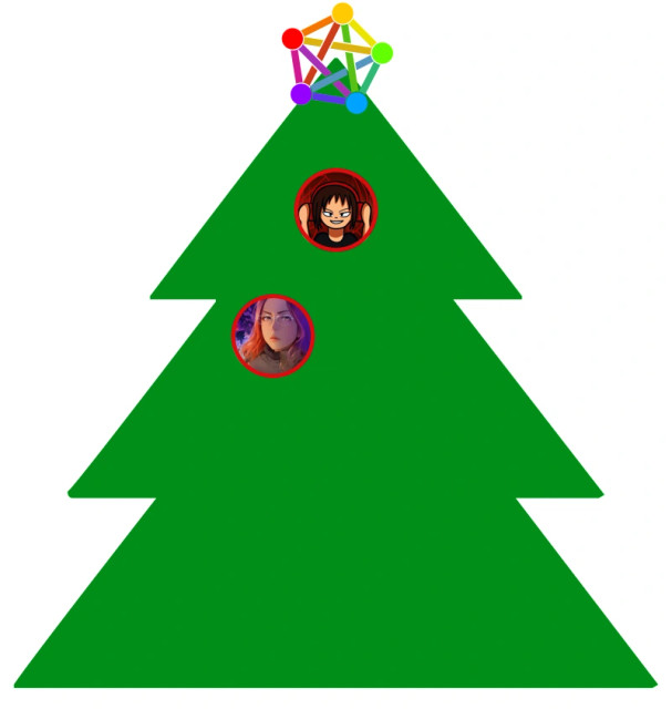 A simple drawing of a fir tree, crowned with the pentagon symbolizing the Fediverse.There are some christmas bulbs hanging in the tree, which have the avatars of the following accounts inside:

@Atom42@social.atom42-games.su
@minnidia@mastodon.ml

The accounts appear in the tree in the same order, from top to bottom and from left to right. The order symbolizes the number of interactions, from most to least.

The Fediverse logo was created by @eudaimon@fe.disroot.org and the tree design was obtained from https://freesvgdesigns.com